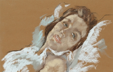 Woman's head lying, by Lotte Laserstein