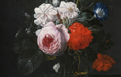 Still life with a tulip, a rose, a carnation and other flowers in a glass vase, on a stone ledge, by Nicolaes van Verendael