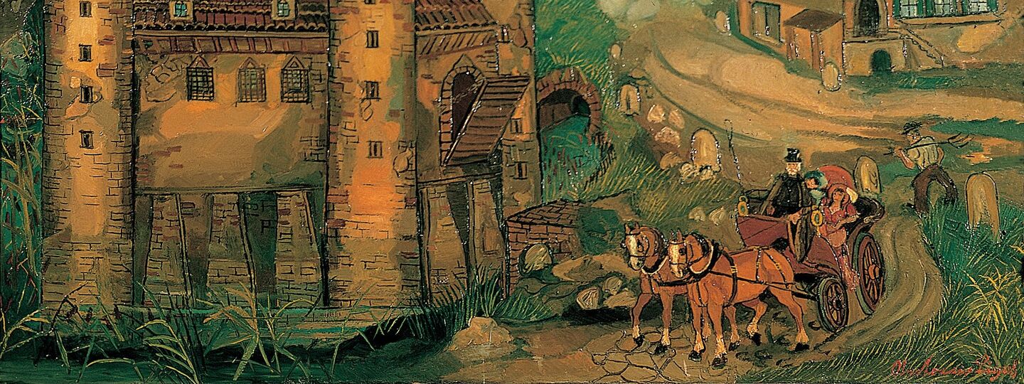 Stage coaches with castle, by Antonio Ligabue