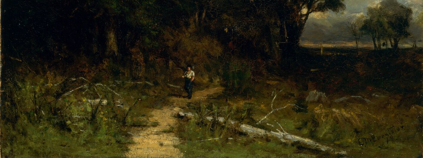 Untitled (landscape, woodcutter on path), by Edward Mitchell Bannister