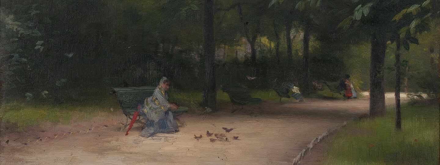 Feeding birds in the park, by Paul Peel