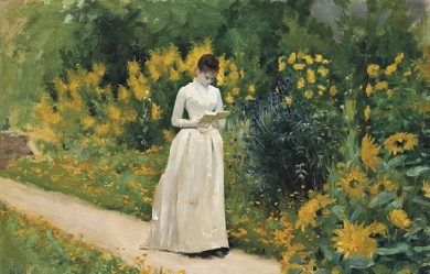 Reading on the garden path, by Albert Aublet