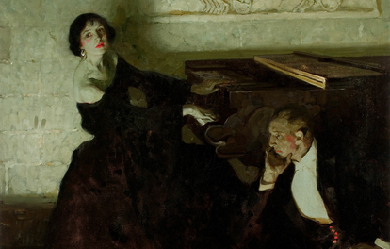 Romantic Couple Seated by Piano, by Dean Cornwell