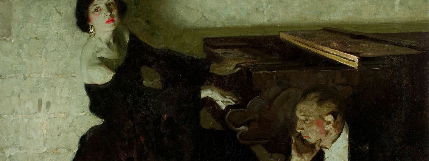 Romantic Couple Seated by Piano, by Dean Cornwell