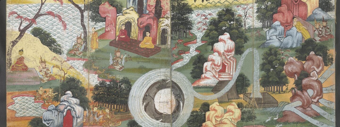 Cosmology manuscript panel showing Himavanta Forest where Buddhas meditate, by Unknown artist