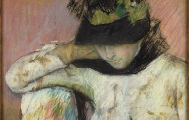 Young woman in a Black and Green Bonnet, Looking Down, by Mary Cassatt