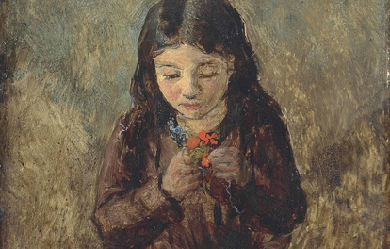 Florence Pobby Thomas, kneeling and holding a posy of flowers, by John Everett Millais