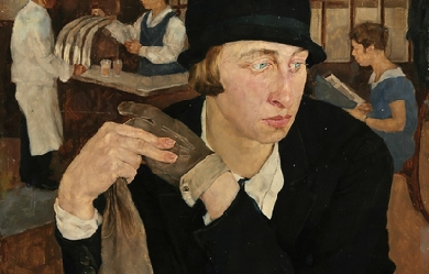 Seated woman in a black hat and gloves in a bar, by Lotte Laserstein