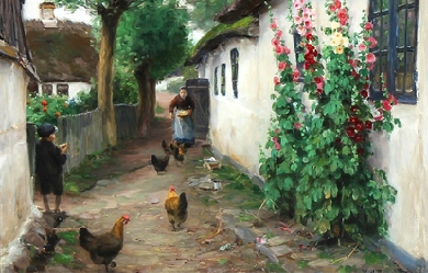 An Old Woman Feeding Chickens Outside Her House, by Hans Andersen Brendekilde