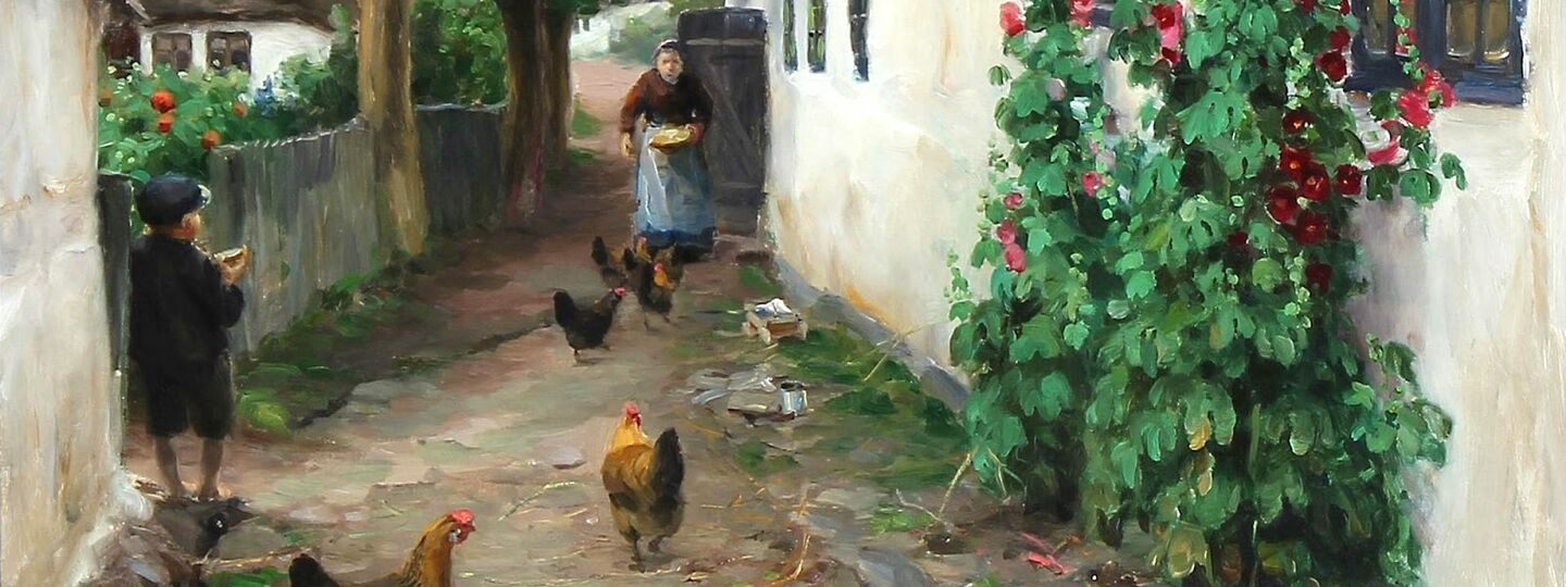 An Old Woman Feeding Chickens Outside Her House, by Hans Andersen Brendekilde