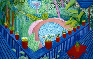 Red Pots in the Garden, by David Hockney