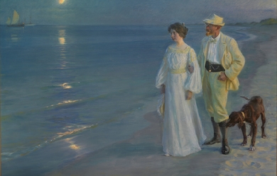 Summer evening on the beach at Skagen. The painter and his wife., by Peder Severin Krøyer