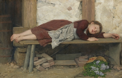 Sleeping girl on a wooden bench, by Albert Anker