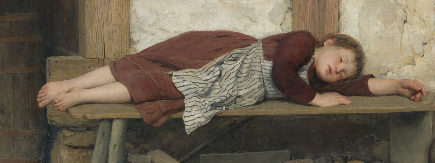 Sleeping girl on a wooden bench, by Albert Anker