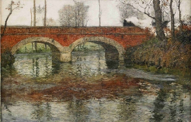 French river landscape with a stone bridge, by Frits Thaulow