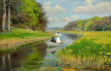 Spring. A young couple in a rowing boat on Odense., by H. A. Brendekilde