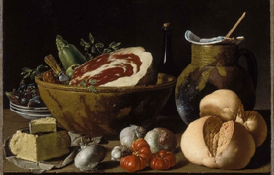 Still Life with Bread, Ham, Cheese, and Vegetables, by Luis Meléndez