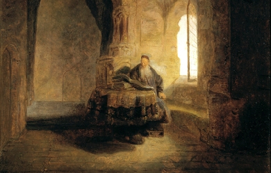 An Old Scholar Reading in a Vaulted Room, by Rembrandt