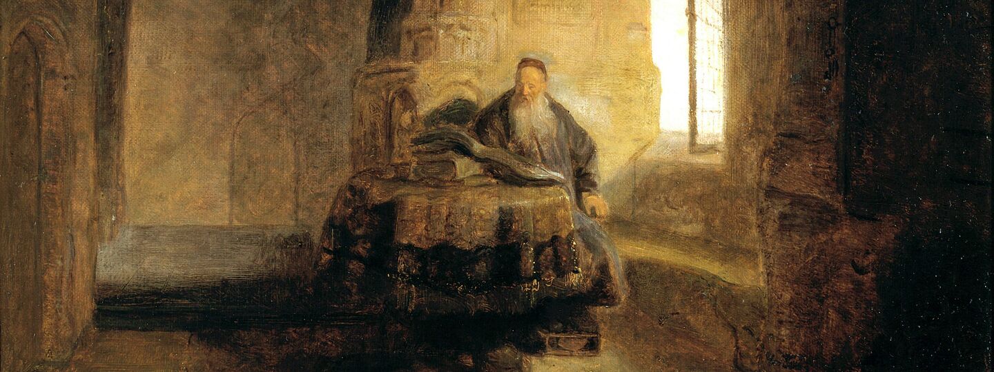 An Old Scholar Reading in a Vaulted Room, by Rembrandt