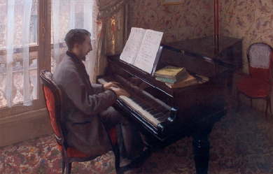 Young man playing the piano, by Gustave Caillebotte