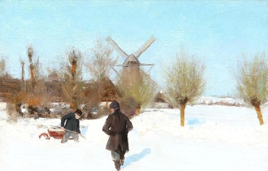 Winter day with two men in the snow, by Hans Andersen Brendekilde