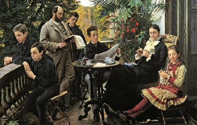 The Hirschsprung family portrait. From the left Ivar, Aage, Heinrich, Oscar, Robert, Pauline and Ellen HIrschsprung, by Peder Severin Krøyer