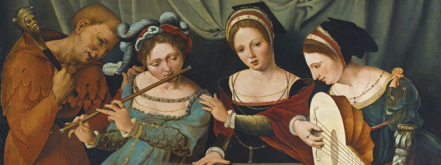 Three Young Women Making Music with a Jester, by Anonymous