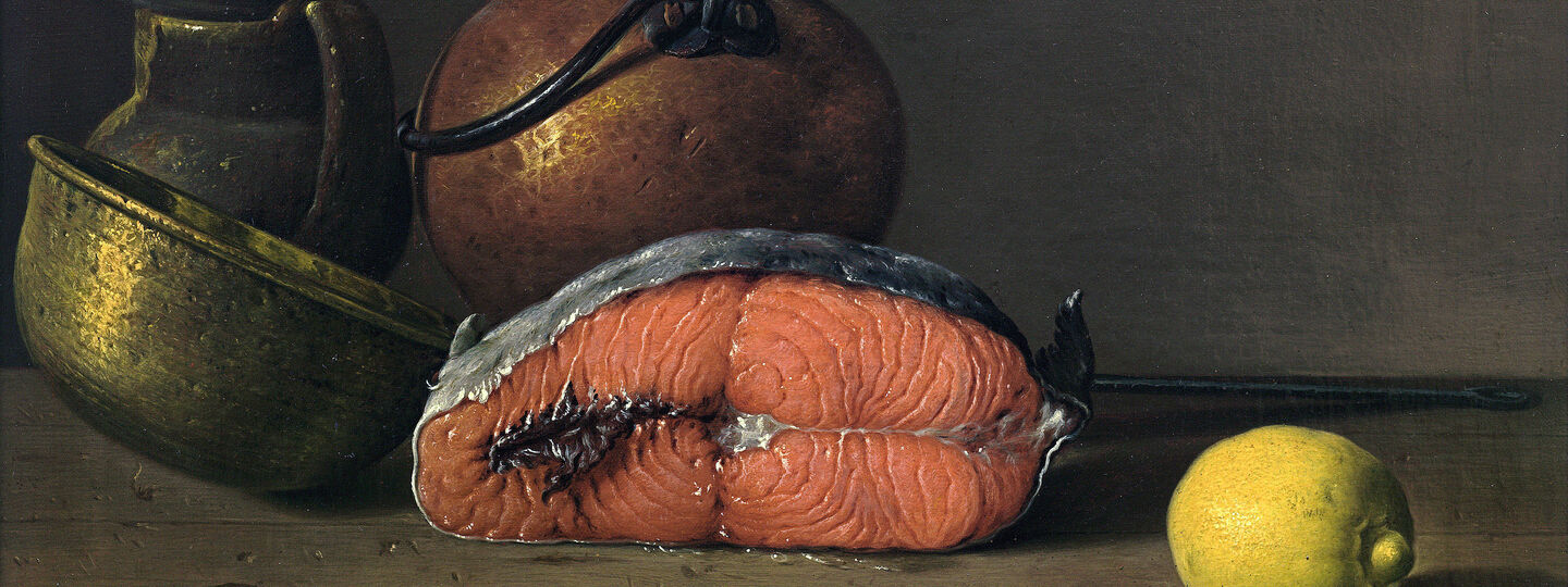 Still life with salmon, lemon and containers, by Luis Egidio Meléndez