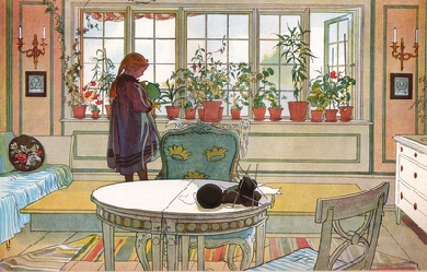 Flowers on the Windowsill. From A Home (26 watercolours), by Carl Larsson