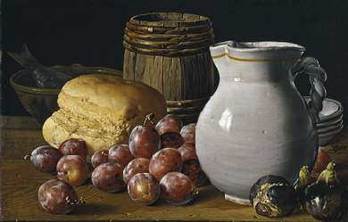 Still life with plums, figs, bread, barrel, jug and other containers, by Luis Egidio Meléndez