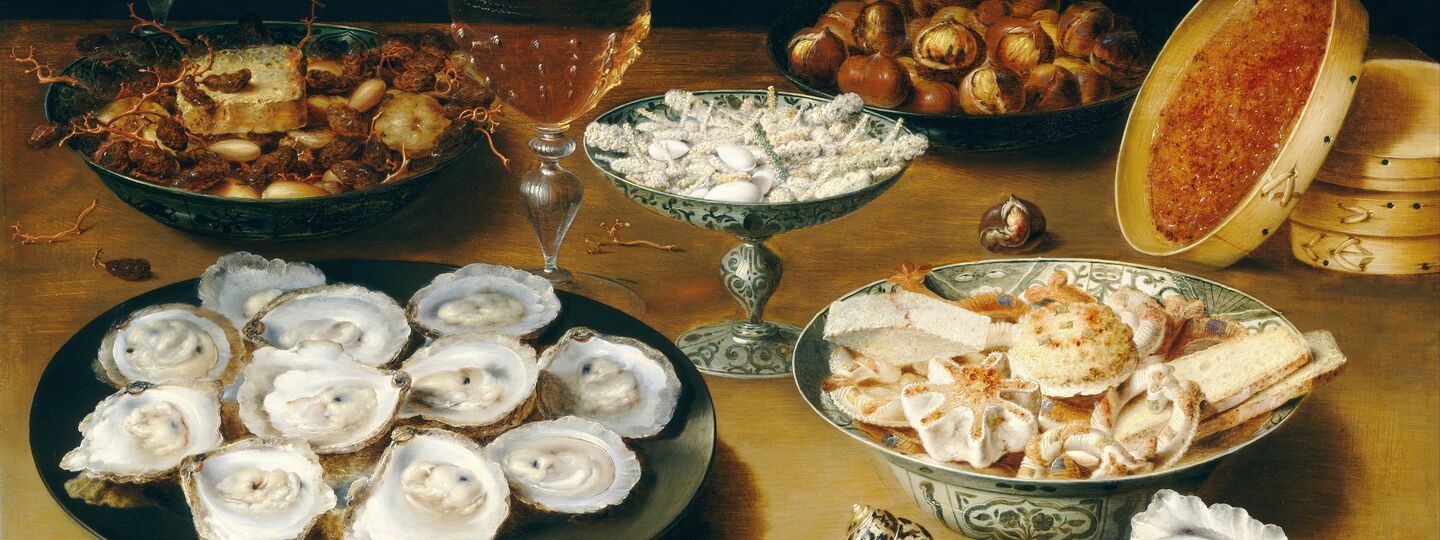 Dishes with Oysters, Fruit, and Wine, by Osias Beert