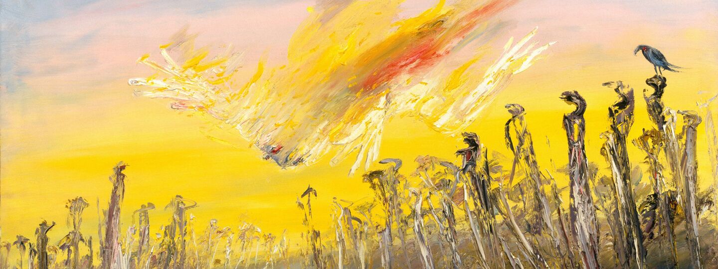 Nebuchadnezzar on fire falling over a waterfall, by Arthur Boyd