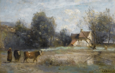 Luzancy, small peasant houses by the water, by Jean-Baptiste-Camille Corot