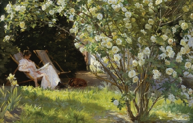 Roses. Marie Krøyer seated in the deckchair in the garden by Mrs Bendsen's house, by Peder Severin Krøyer