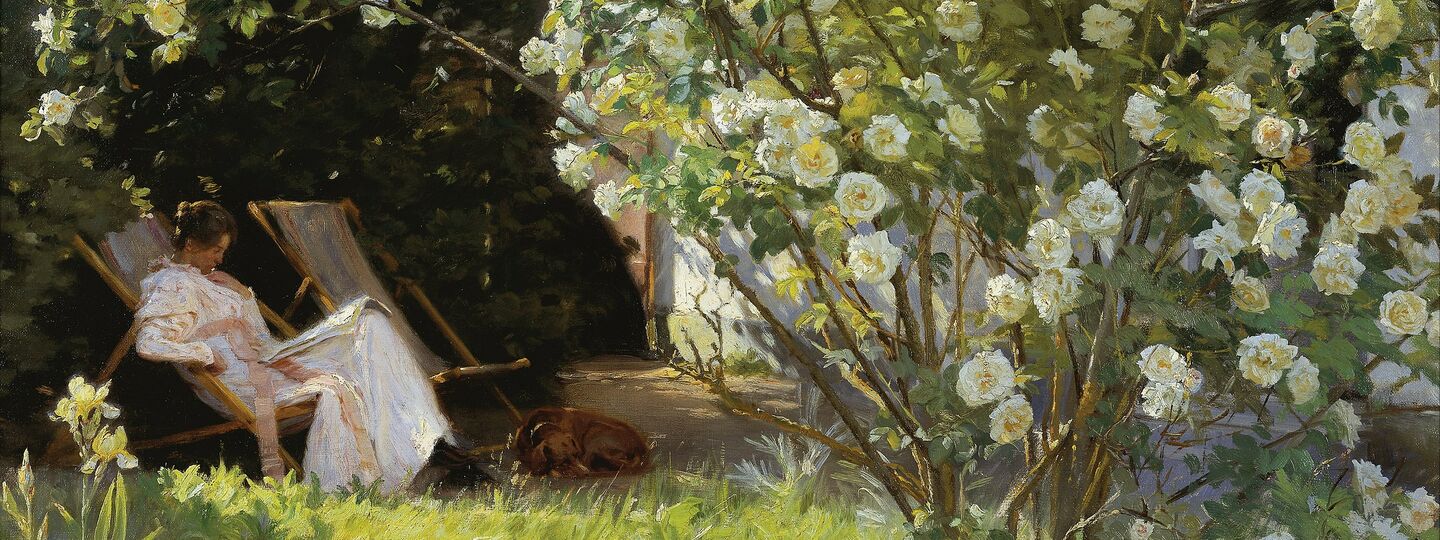 Roses. Marie Krøyer seated in the deckchair in the garden by Mrs Bendsen's house, by Peder Severin Krøyer