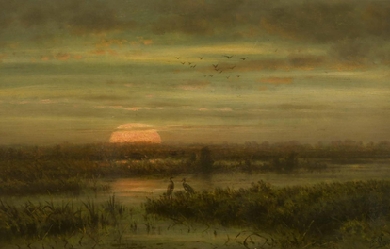 Landscape with herons at nightfall, by Jean Pierre François Lamorinière