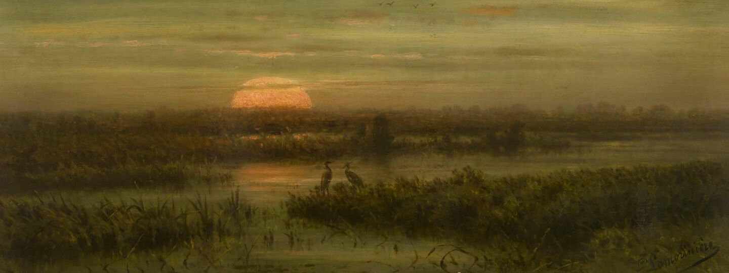 Landscape with herons at nightfall, by Jean Pierre François Lamorinière