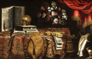 Vanitas: Still life with violin, music book, flower vase and skull, by Pierfrancesco Cittadini