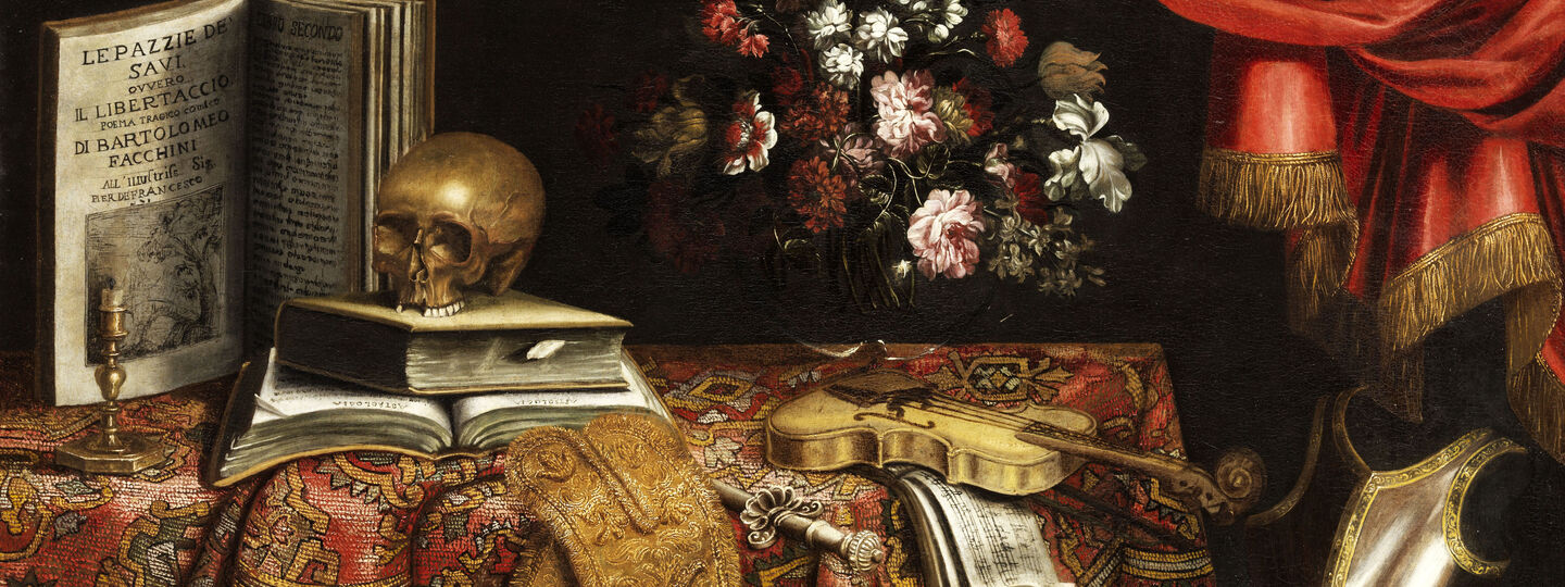 Vanitas: Still life with violin, music book, flower vase and skull, by Pierfrancesco Cittadini