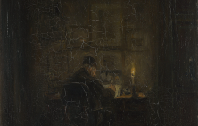 Elderly man writing by candlelight, by Jozef Israëls