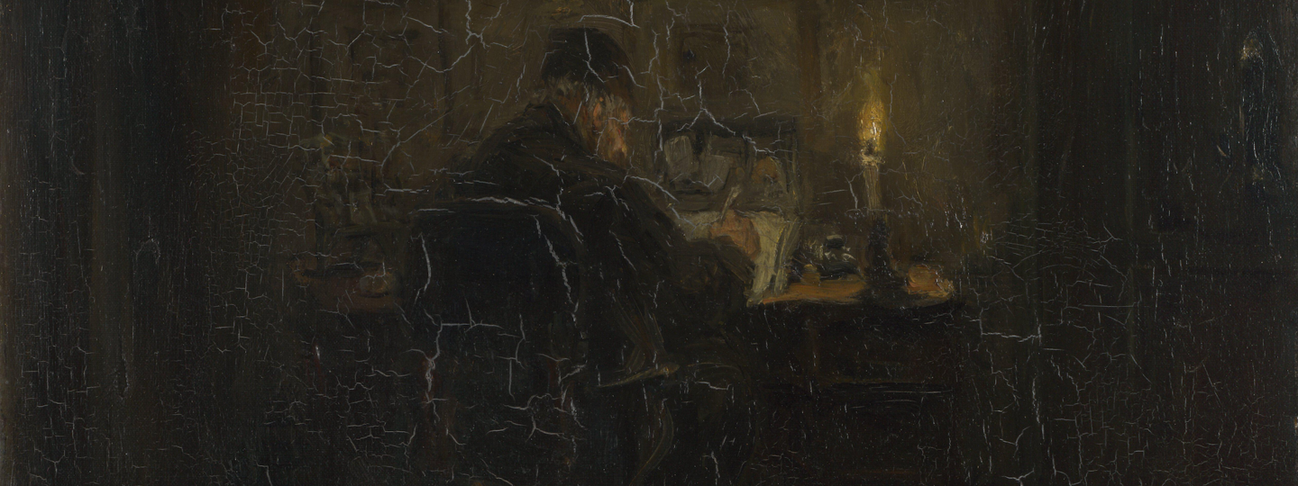 Elderly man writing by candlelight, by Jozef Israëls