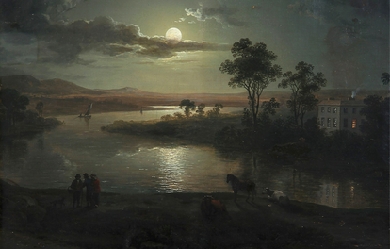 Evening scene with full moon and persons, by Abraham Pether