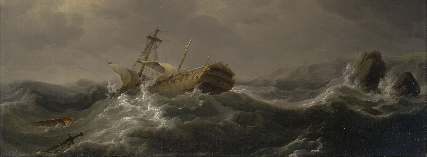 Ship wrecked on a rocky coast, by Charles Brooking