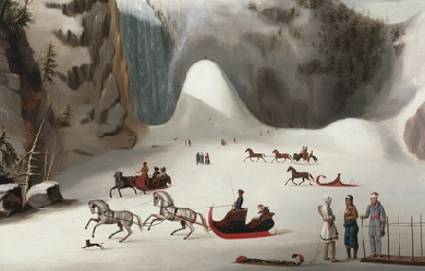 Sledges and figures skating on the frozen lake in front of Montmorency Falls, by Robert Clow Todd