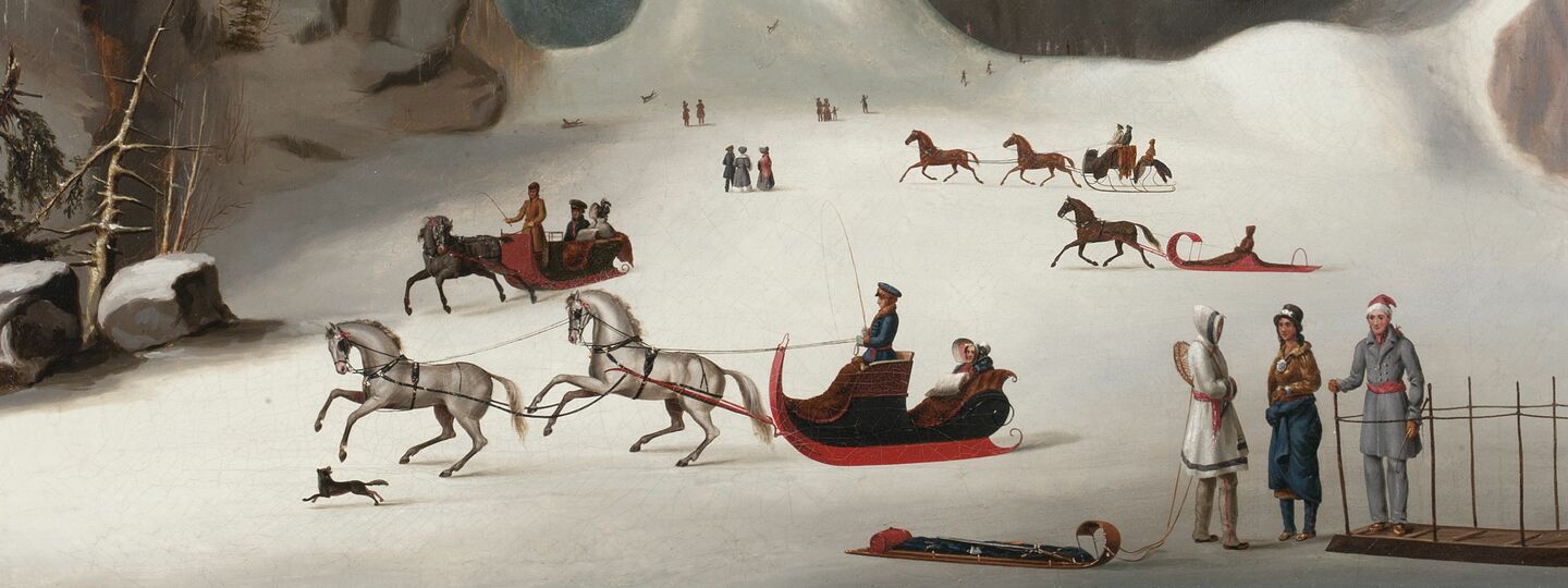 Sledges and figures skating on the frozen lake in front of Montmorency Falls, by Robert Clow Todd