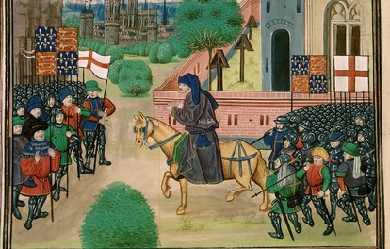 John Ball encouraging Wat Tyler rebels from ca 1470 MS of Froissart Chronicles in BL, by Unknown artist