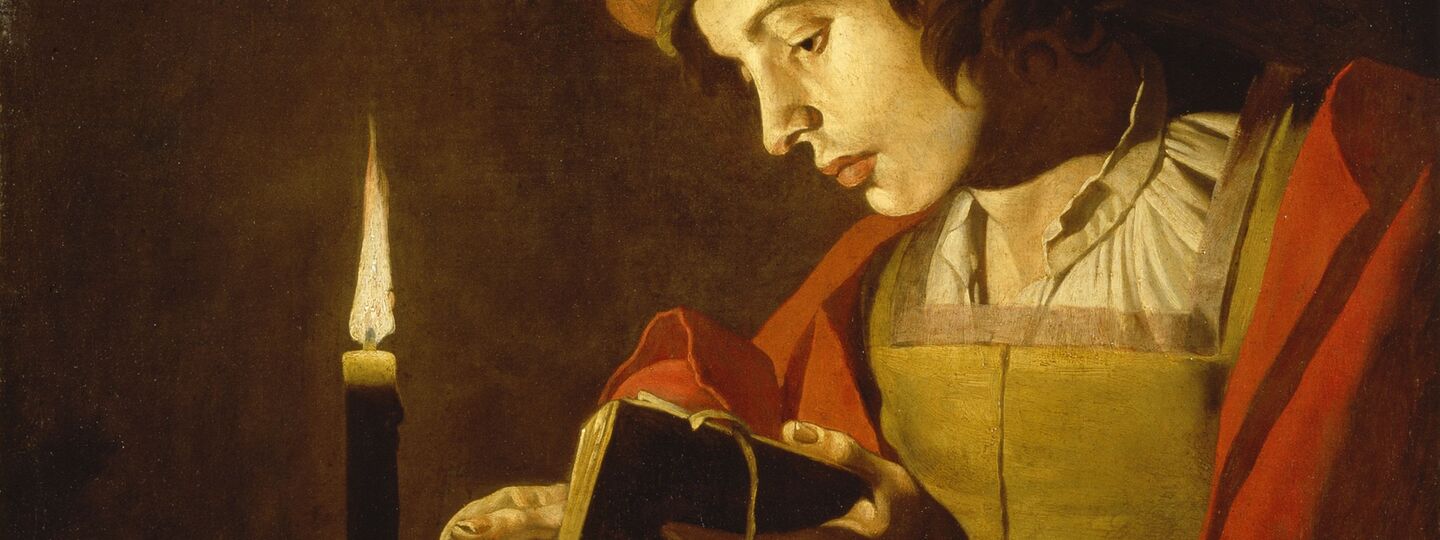 A Young Man Reading by Candlelight, by Matthias Stom