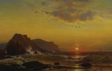 Sunset over the waves, by Mauritz de Haas