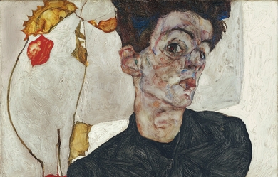 Self Portrait with Chinese Lantern Plant, by Egon Schiele