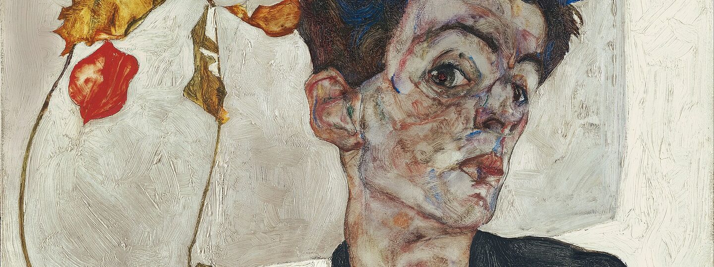 Self Portrait with Chinese Lantern Plant, by Egon Schiele